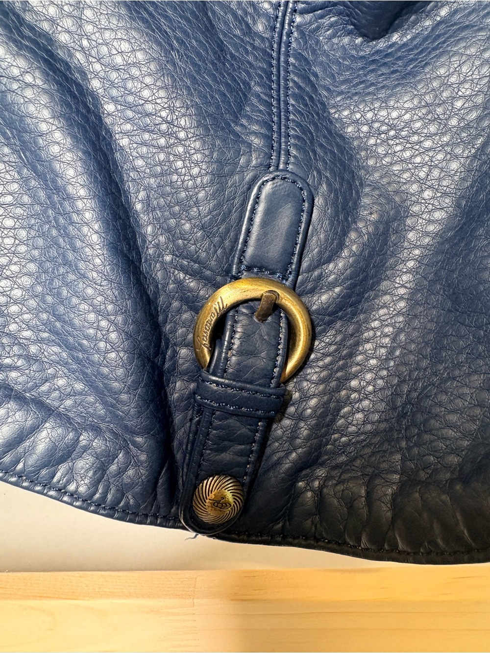 Navy Leather Shoulder Bag with Brass Hardware